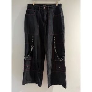 Hot Topic Chain Carpenter Cargo Pants 32 Black Red Contrast Stitch Wide Leg Goth
